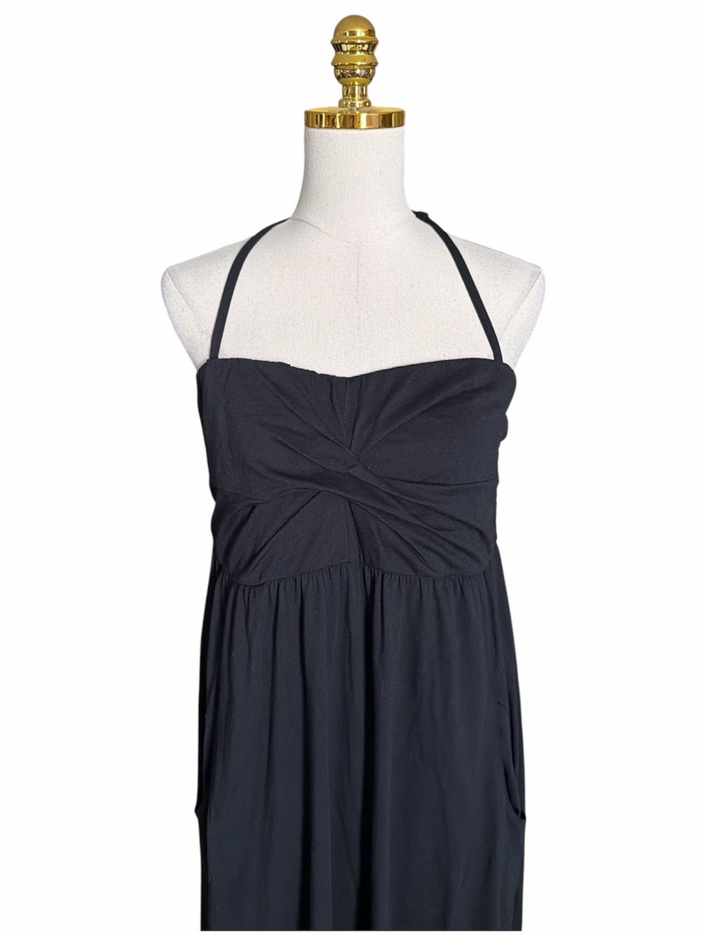 Garnet Hill Black Halter Maxi Dress Cotton Modal Twist Neck Pockets Womens Large - Picture 5 of 12